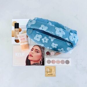 Ulta Beauty Denim Floral Stuffed Cosmetic & Make-Up Bag BUNDLE, Travel Samples